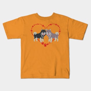 Cute Akitas in Heart Paws Prints Kids T-Shirt